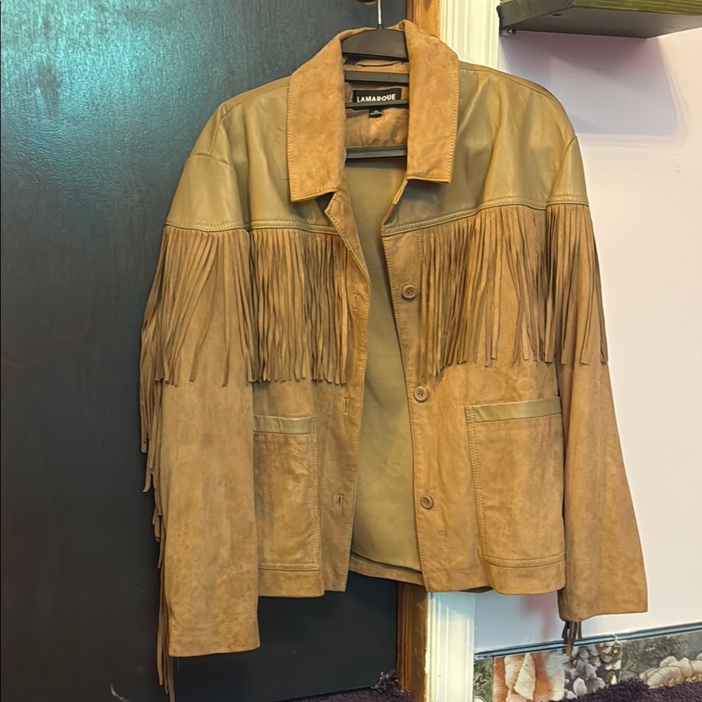 Lamarque Tan Leather Fringe Jacket NWOT